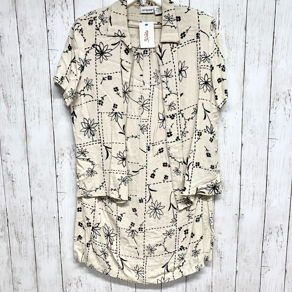 Vintage Liz Baker Set Women Size Large Patchwork Floral Button Blouse Midi Skirt